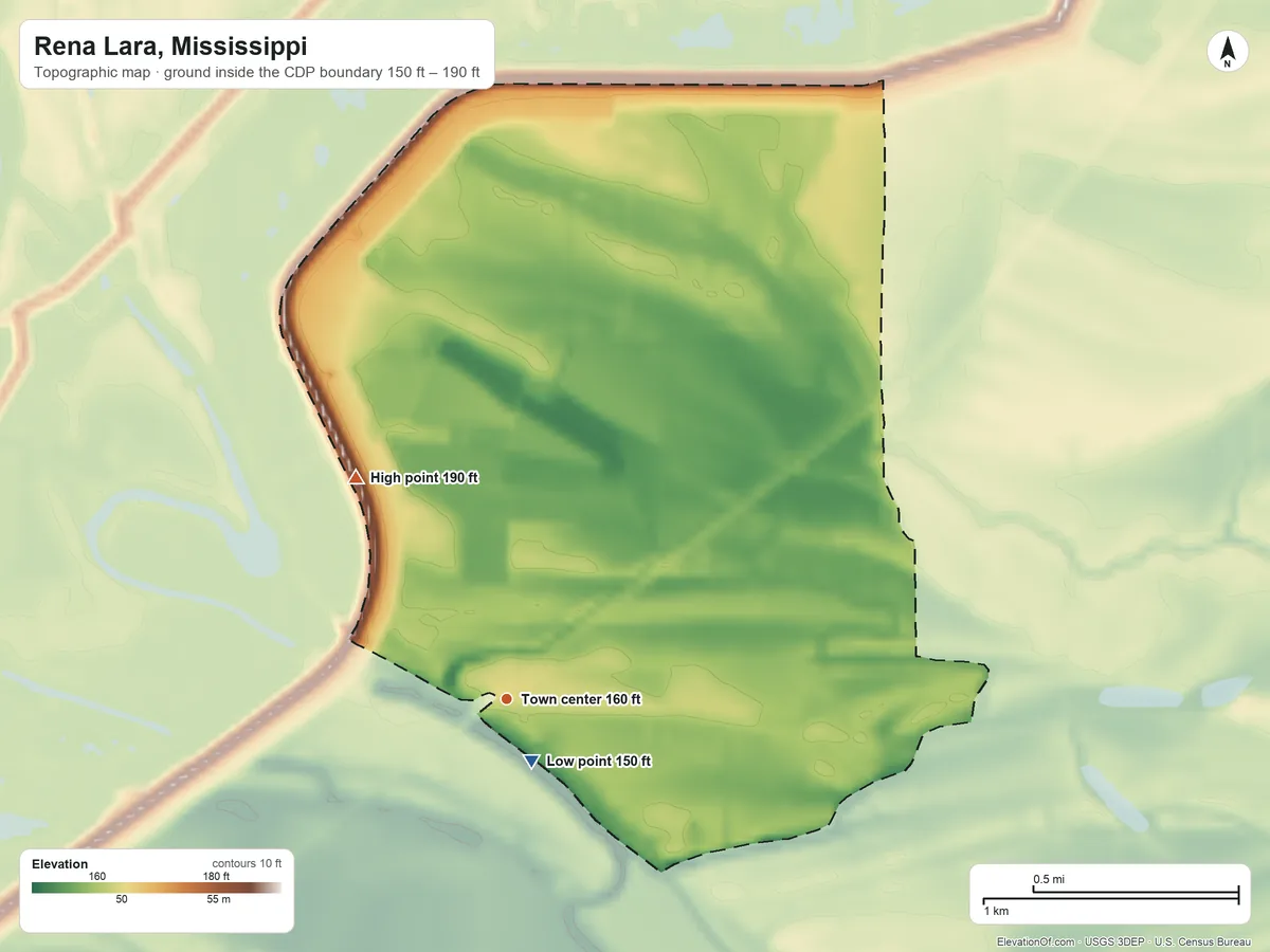 Topographic elevation map of Rena Lara, Mississippi, shaded from 150 ft near the middle to 190 ft on the northwest side