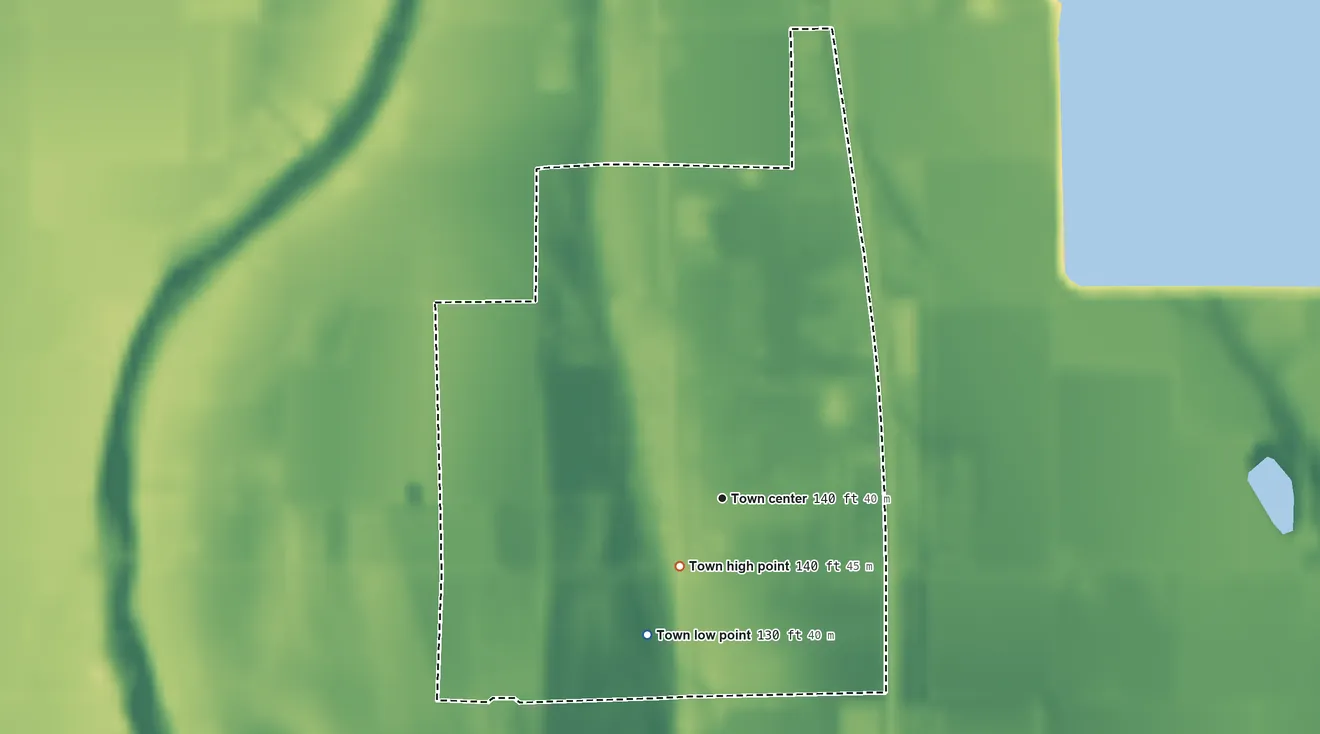 Topographic elevation map of Renova, Mississippi, shaded from 130 ft on the southwest side to 140 ft near the middle