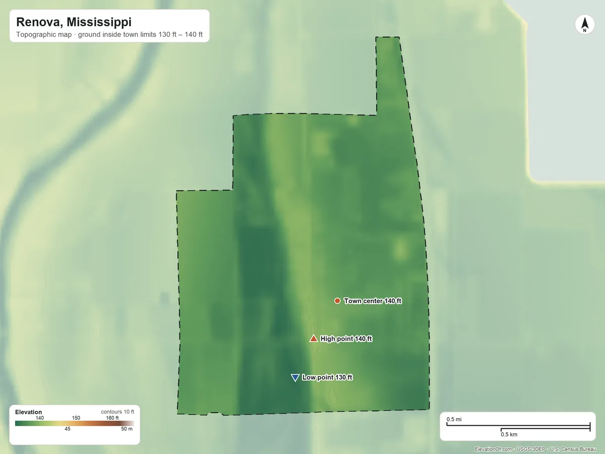 Topographic elevation map of Renova, Mississippi, shaded from 130 ft on the southwest side to 140 ft near the middle