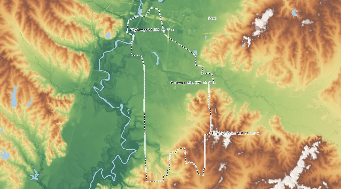 Topographic elevation map of Richland, Mississippi, shaded from 250 ft on the northwest side to 410 ft on the southeast side