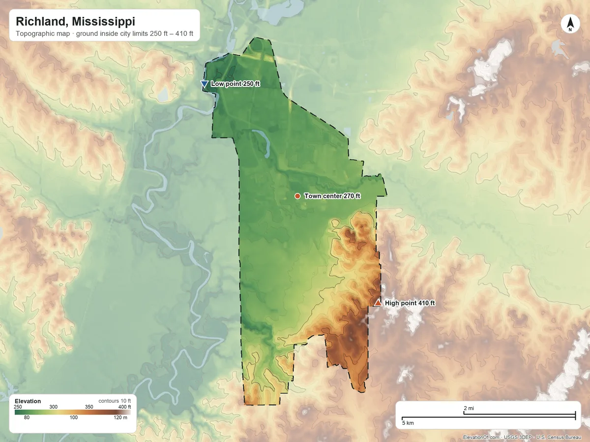 Topographic elevation map of Richland, Mississippi, shaded from 250 ft on the northwest side to 410 ft on the southeast side