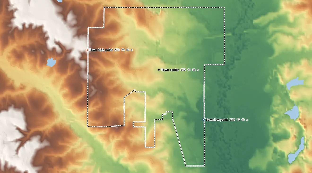 Topographic elevation map of Richton, Mississippi, shaded from 130 ft on the southeast side to 270 ft on the west side