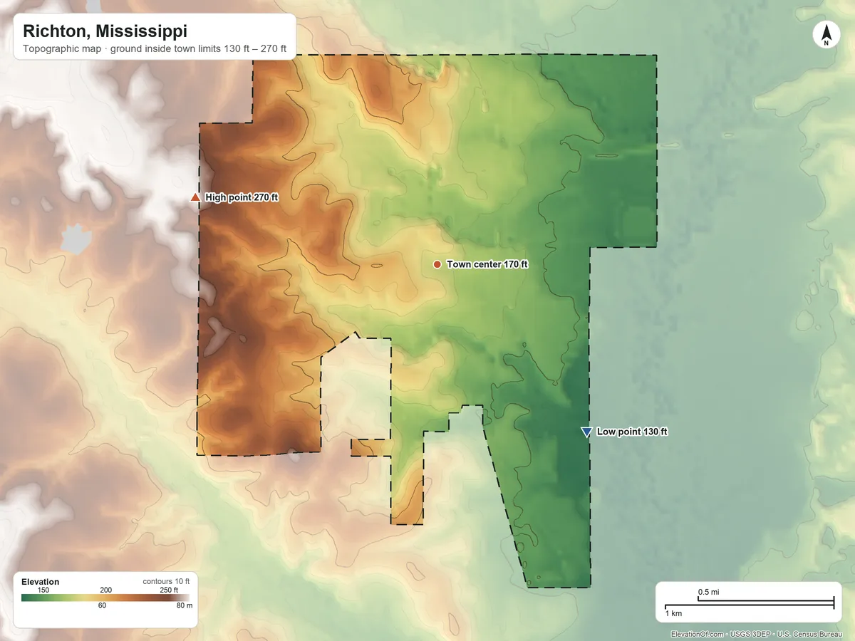 Topographic elevation map of Richton, Mississippi, shaded from 130 ft on the southeast side to 270 ft on the west side