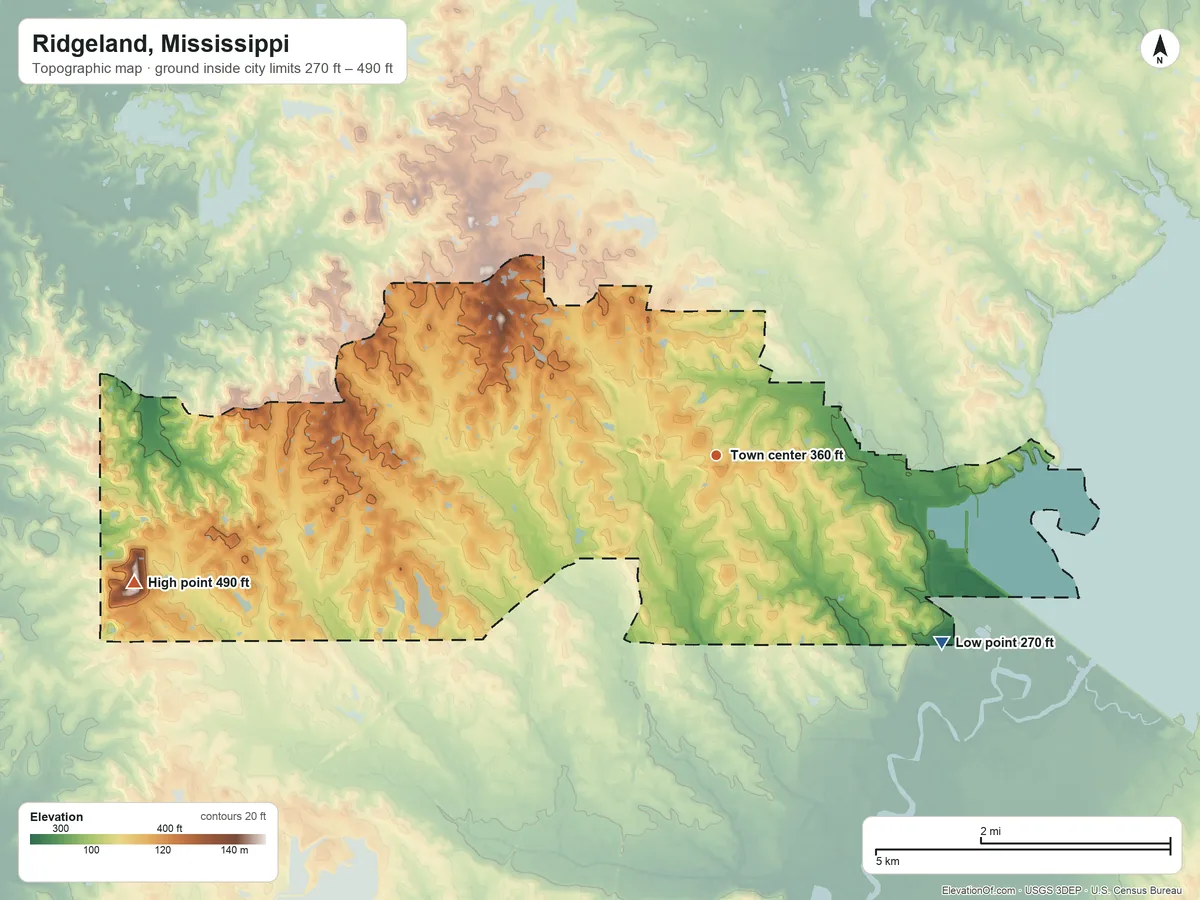 Topographic elevation map of Ridgeland, Mississippi, shaded from 270 ft on the southeast side to 490 ft on the west side