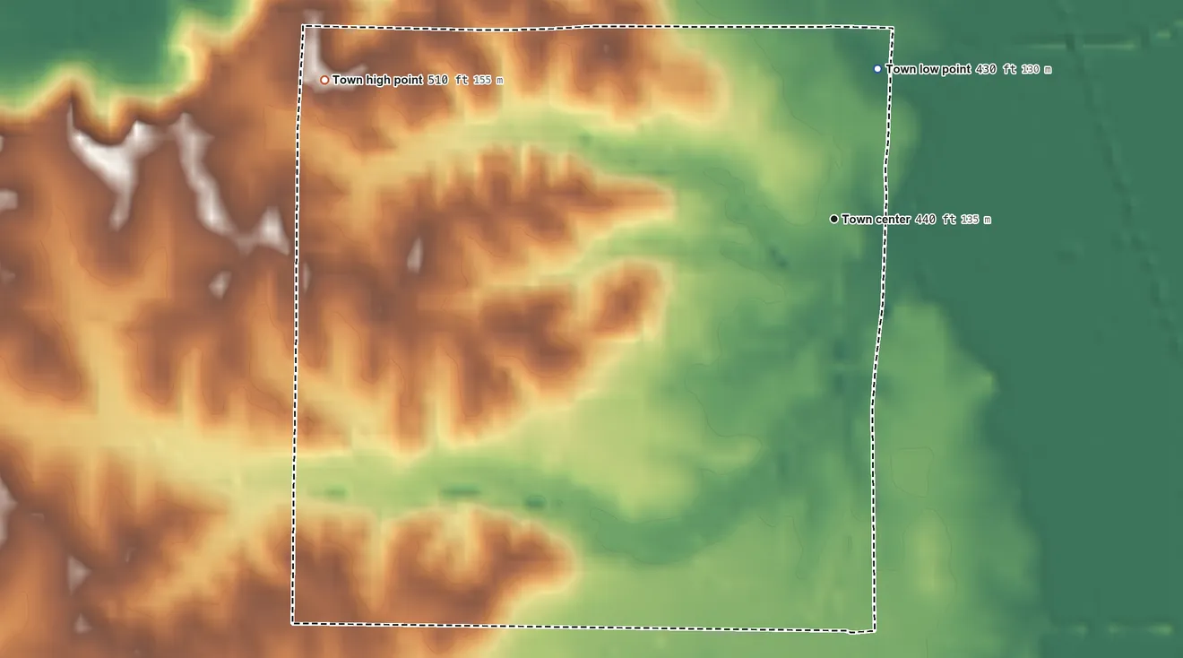 Topographic elevation map of Rienzi, Mississippi, shaded from 430 ft on the north side to 510 ft on the west side