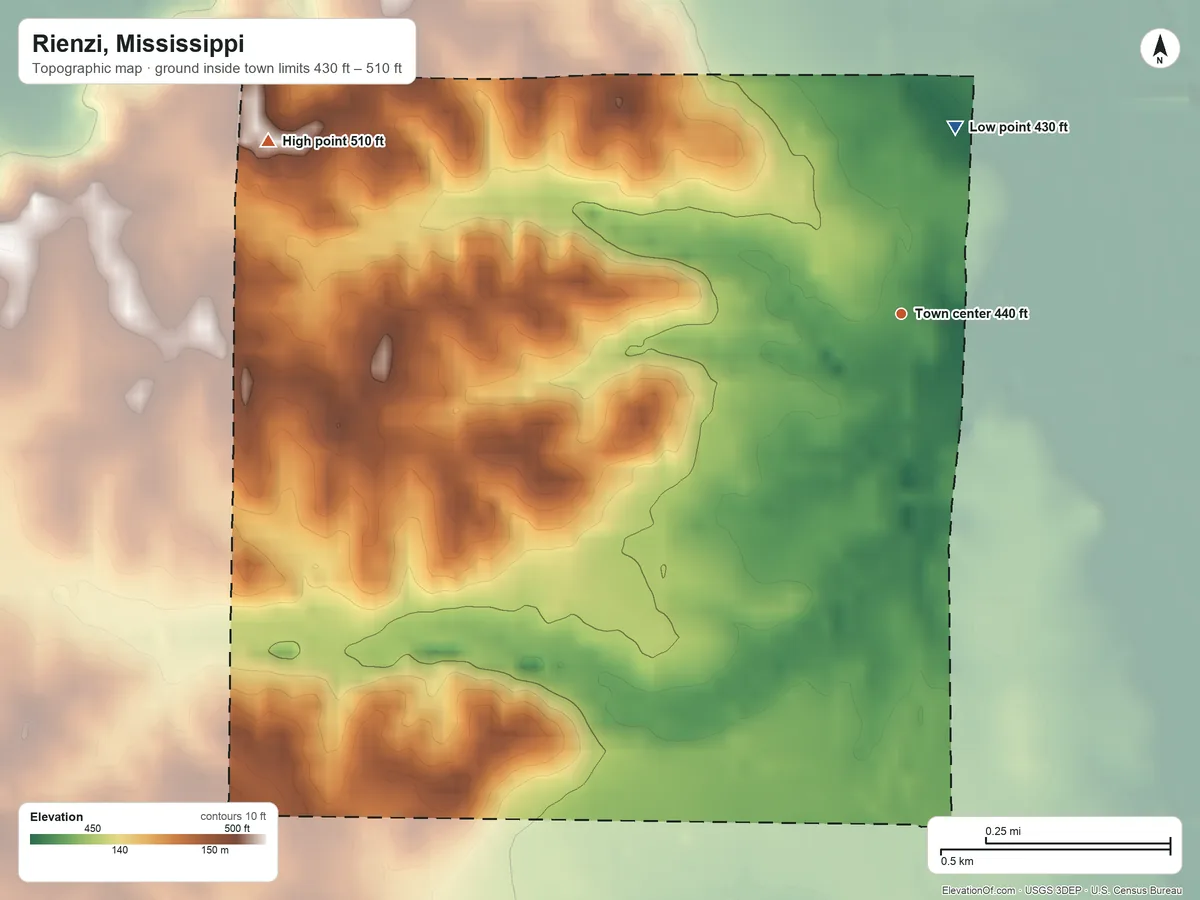 Topographic elevation map of Rienzi, Mississippi, shaded from 430 ft on the north side to 510 ft on the west side
