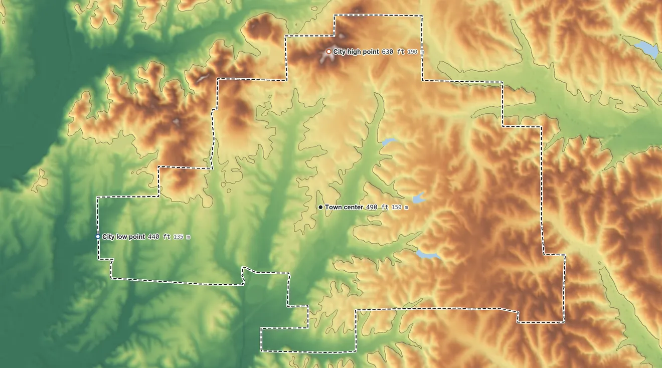 Topographic elevation map of Ripley, Mississippi, shaded from 440 ft on the west side to 630 ft on the north side