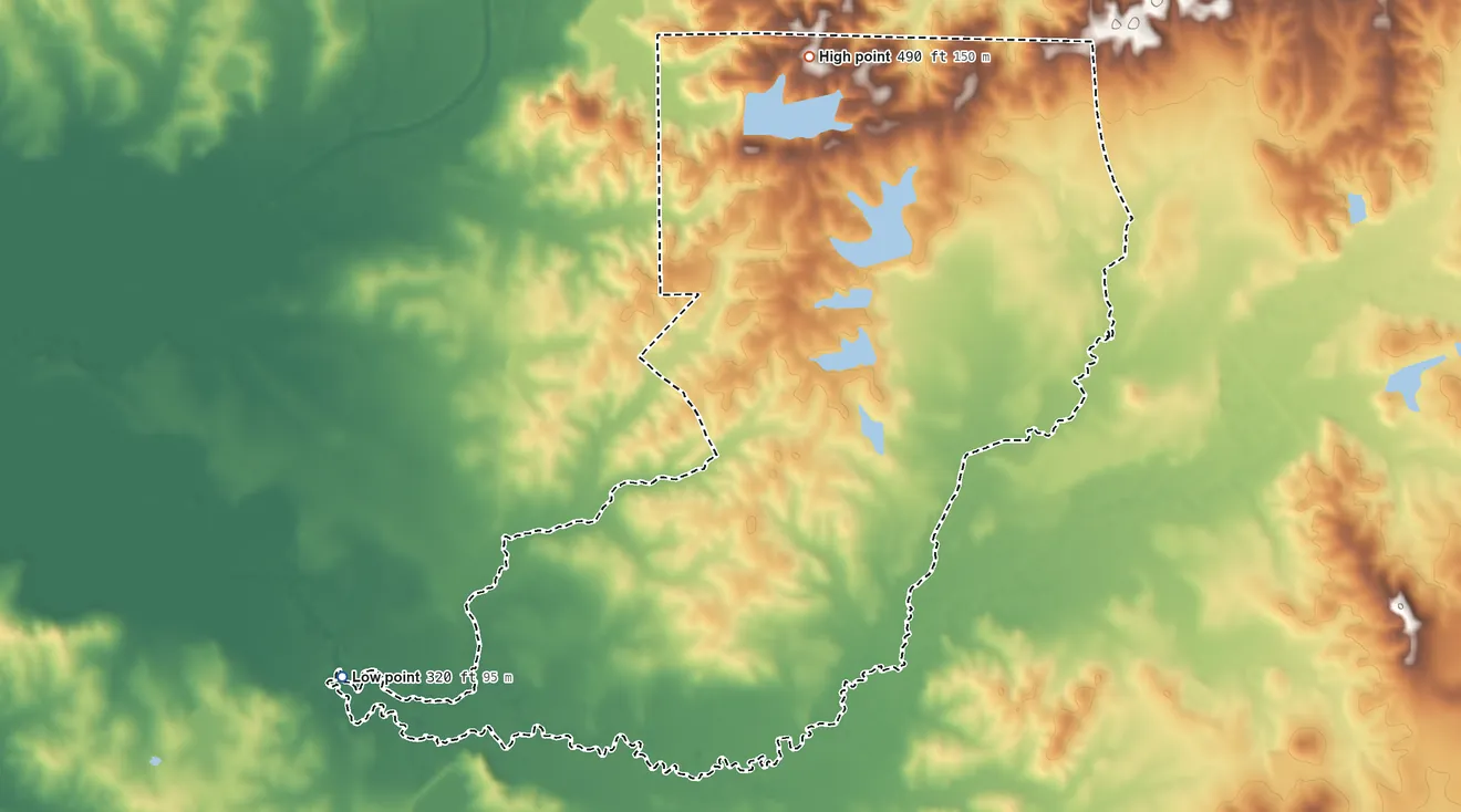 Topographic elevation map of Robinhood, Mississippi, shaded from 320 ft on the southwest side to 490 ft on the north side