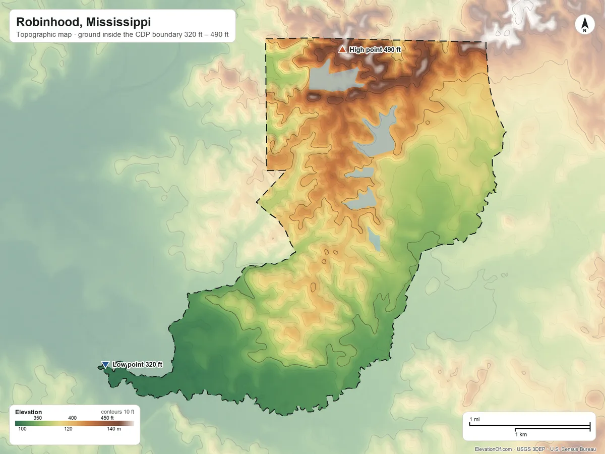 Topographic elevation map of Robinhood, Mississippi, shaded from 320 ft on the southwest side to 490 ft on the north side