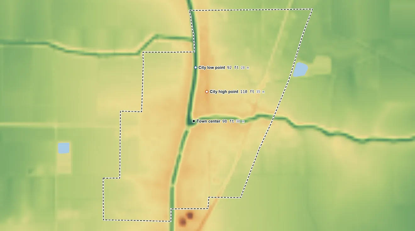 Topographic elevation map of Rolling Fork, Mississippi, shaded from 92 ft on the north side to 110 ft on the northeast side
