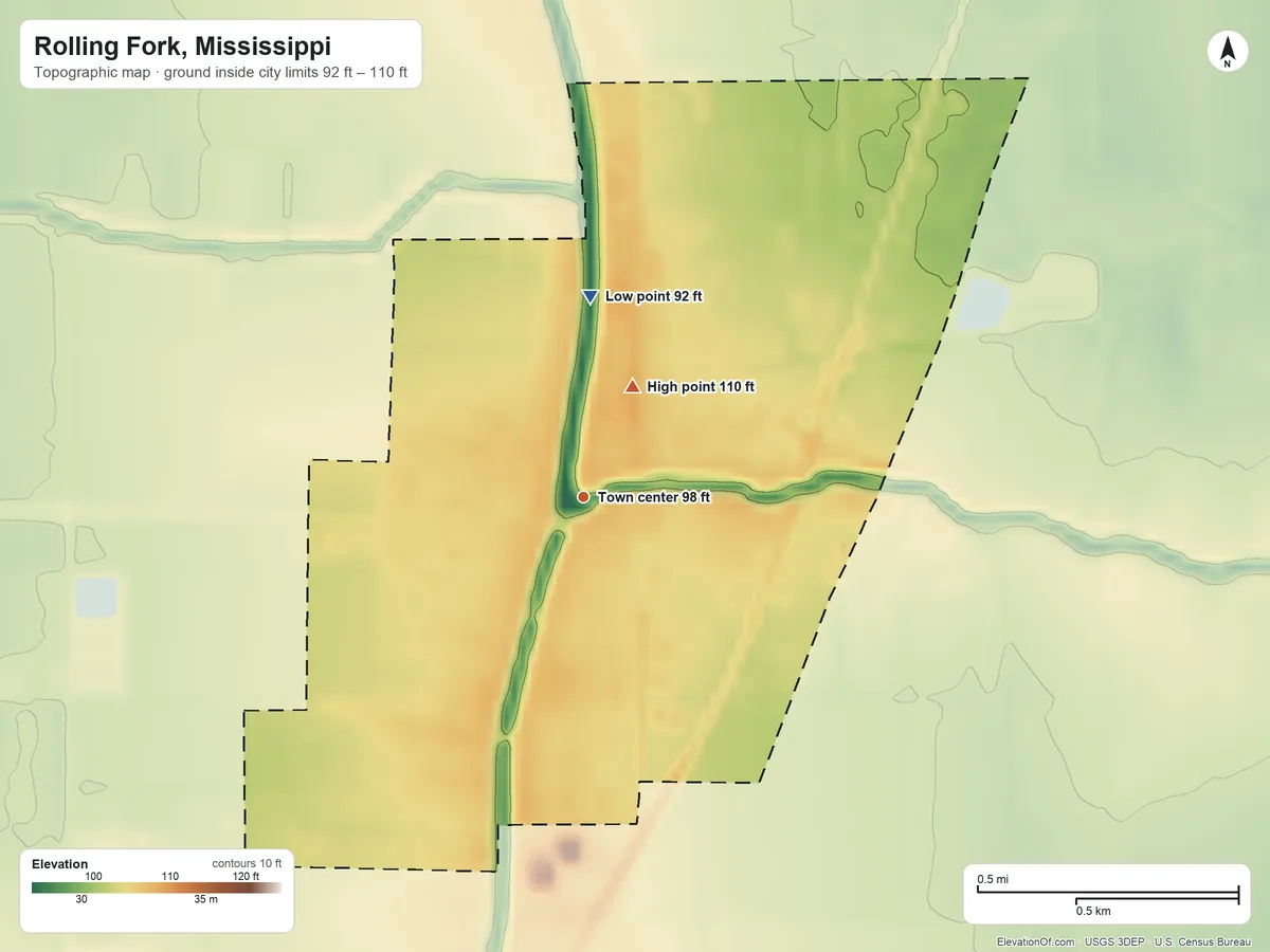 Topographic elevation map of Rolling Fork, Mississippi, shaded from 92 ft on the north side to 110 ft on the northeast side