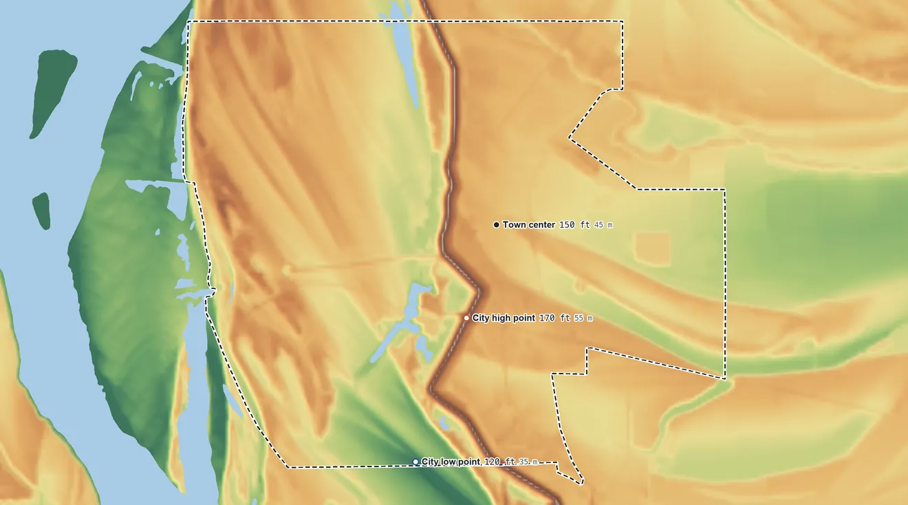 Topographic elevation map of Rosedale, Mississippi, shaded from 120 ft on the south side to 170 ft on the south side