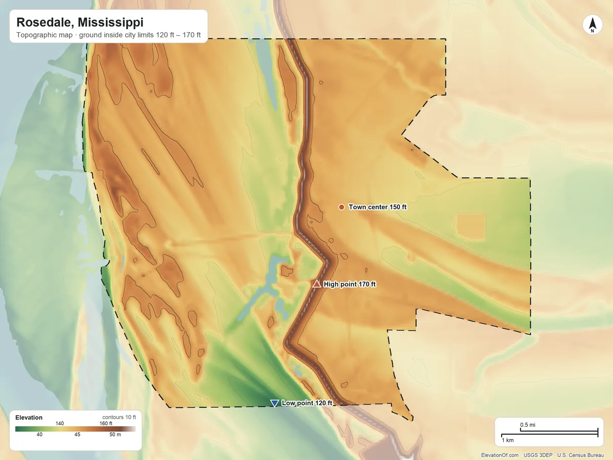 Topographic elevation map of Rosedale, Mississippi, shaded from 120 ft on the south side to 170 ft on the south side