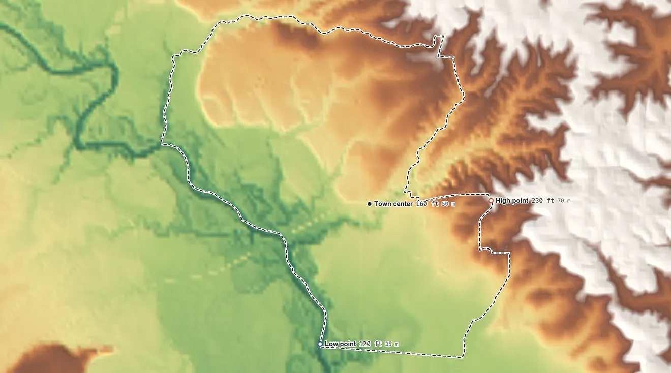 Topographic elevation map of Runnelstown, Mississippi, shaded from 120 ft on the south side to 230 ft on the east side