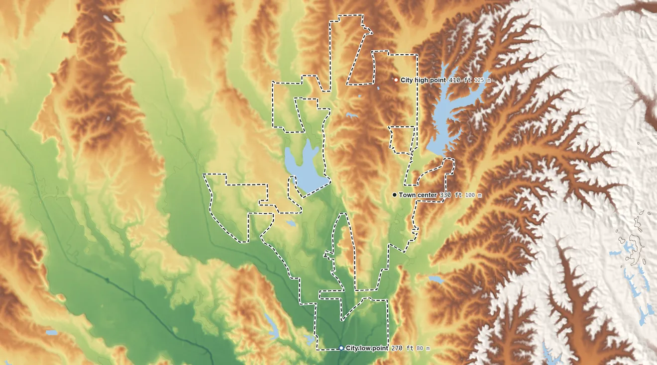 Topographic elevation map of Saltillo, Mississippi, shaded from 270 ft on the south side to 410 ft on the north side