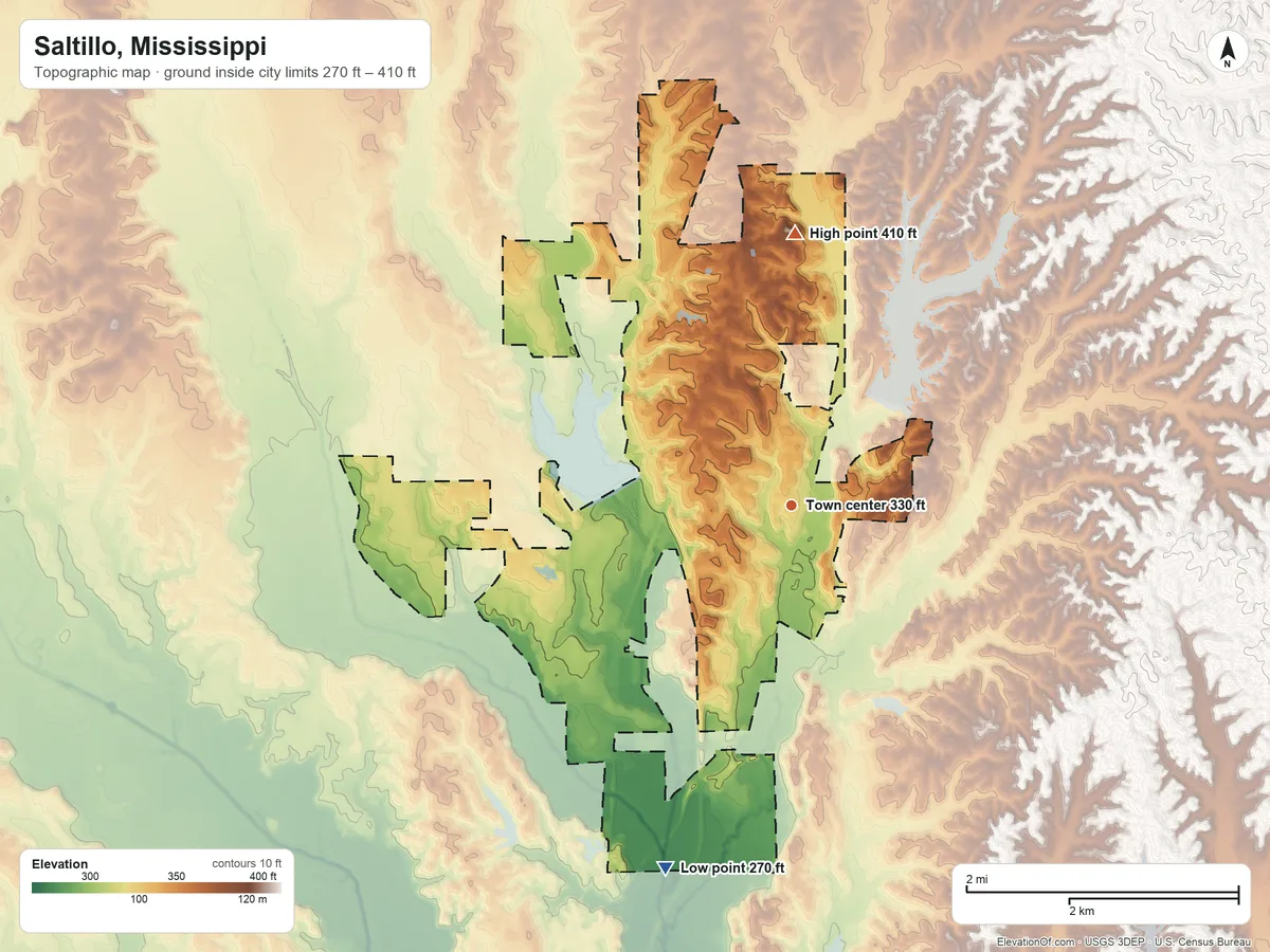 Topographic elevation map of Saltillo, Mississippi, shaded from 270 ft on the south side to 410 ft on the north side