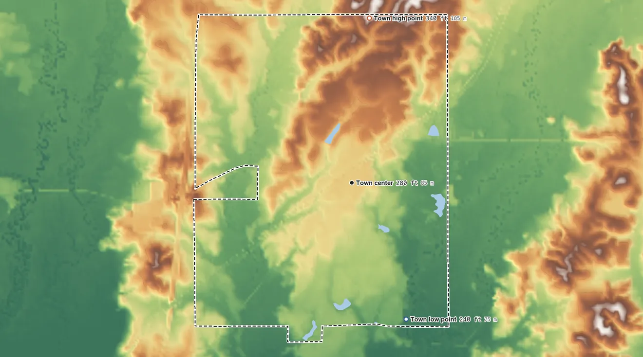 Topographic elevation map of Sandersville, Mississippi, shaded from 240 ft on the south side to 340 ft on the north side
