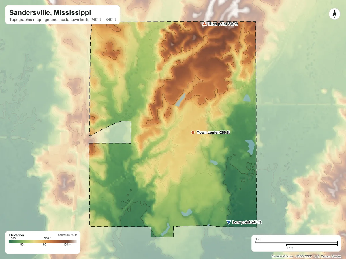 Topographic elevation map of Sandersville, Mississippi, shaded from 240 ft on the south side to 340 ft on the north side