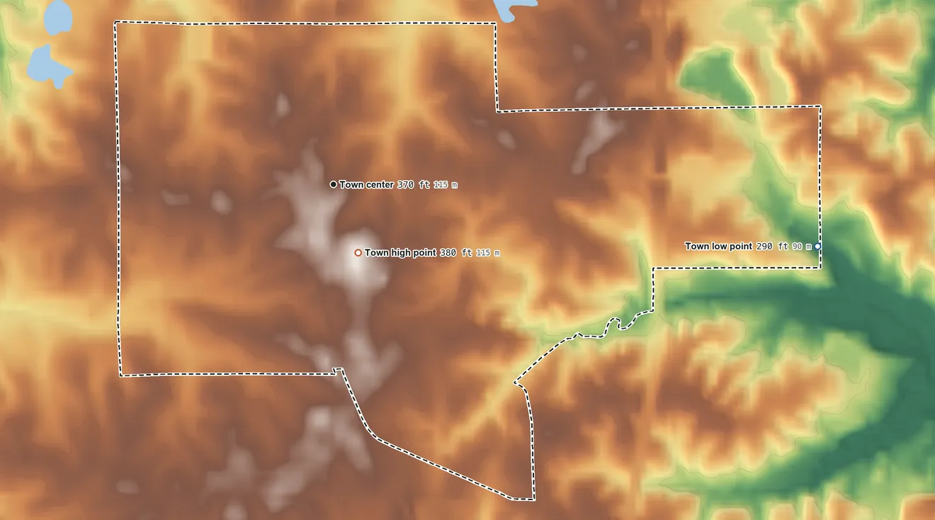 Topographic elevation map of Sardis, Mississippi, shaded from 290 ft on the east side to 380 ft near the middle