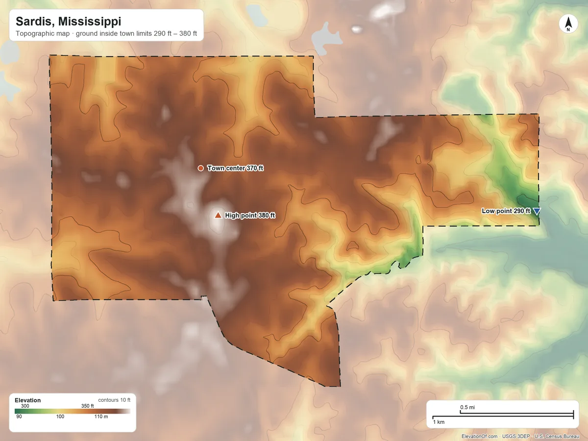 Topographic elevation map of Sardis, Mississippi, shaded from 290 ft on the east side to 380 ft near the middle