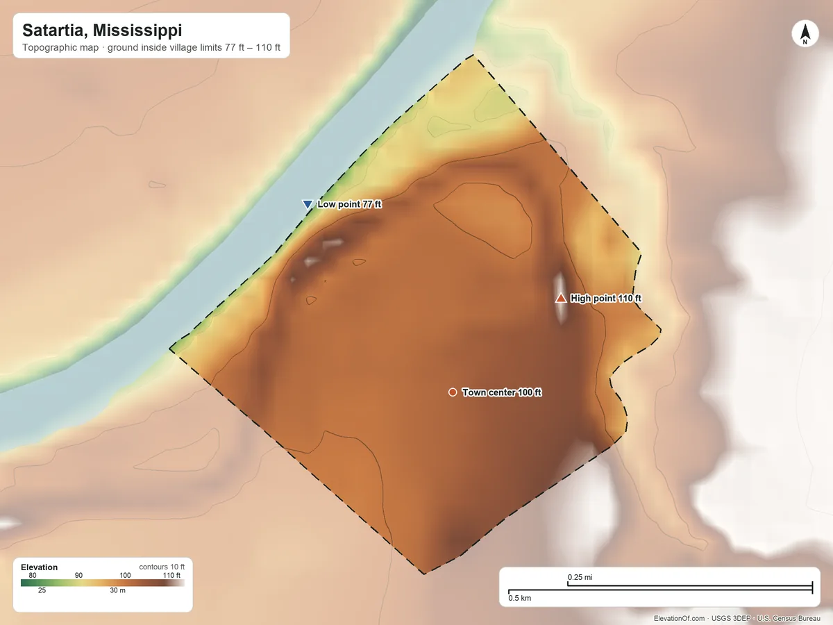 Topographic elevation map of Satartia, Mississippi, shaded from 77 ft on the northwest side to 110 ft on the northeast side
