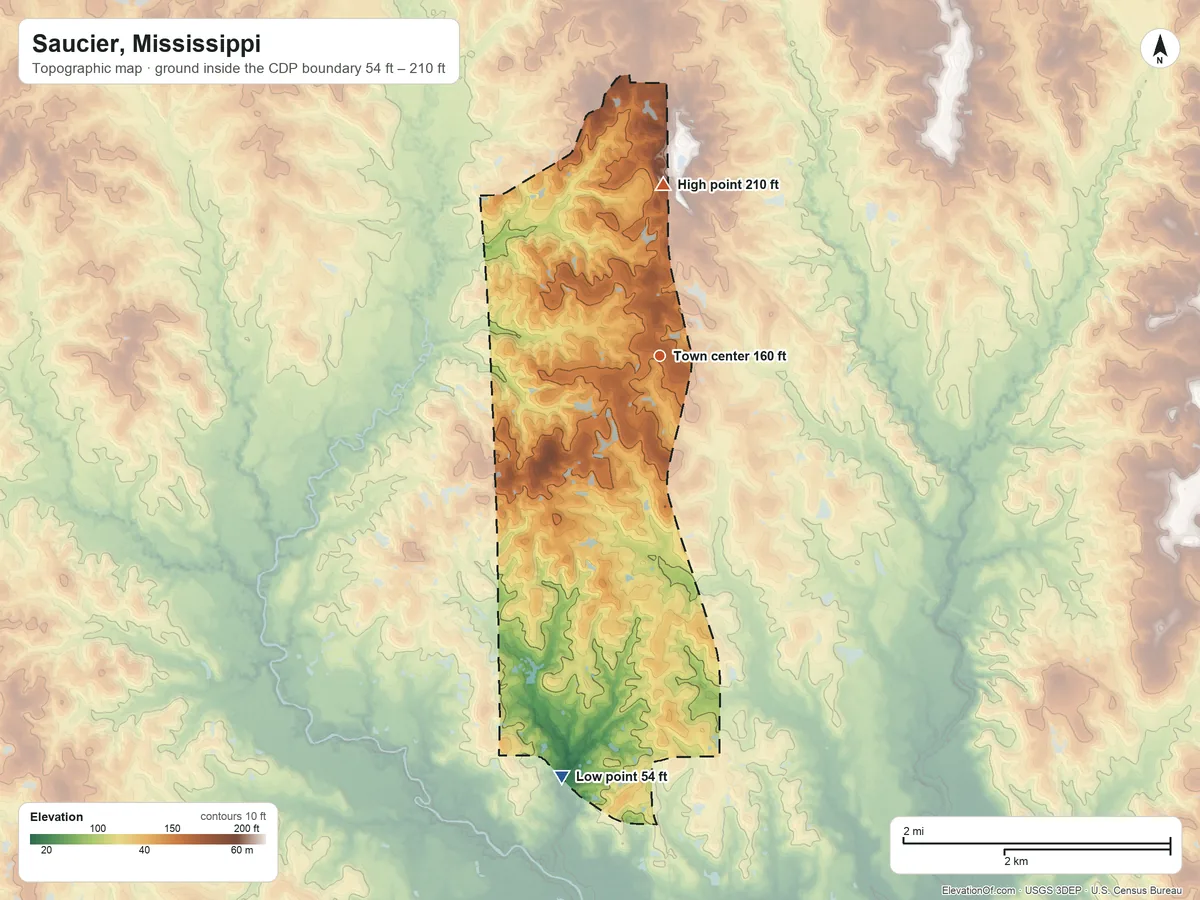 Topographic elevation map of Saucier, Mississippi, shaded from 54 ft on the south side to 210 ft on the north side