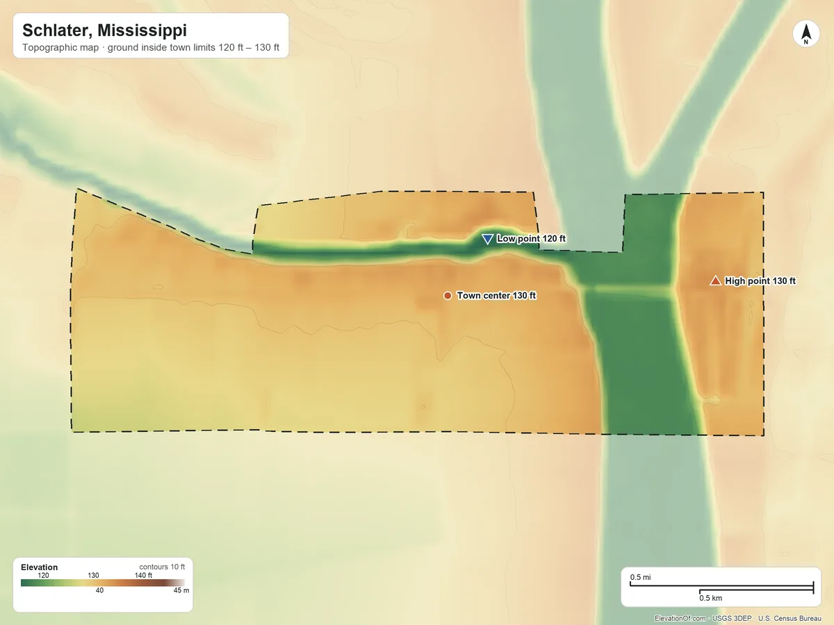 Topographic elevation map of Schlater, Mississippi, shaded from 120 ft near the middle to 130 ft on the east side