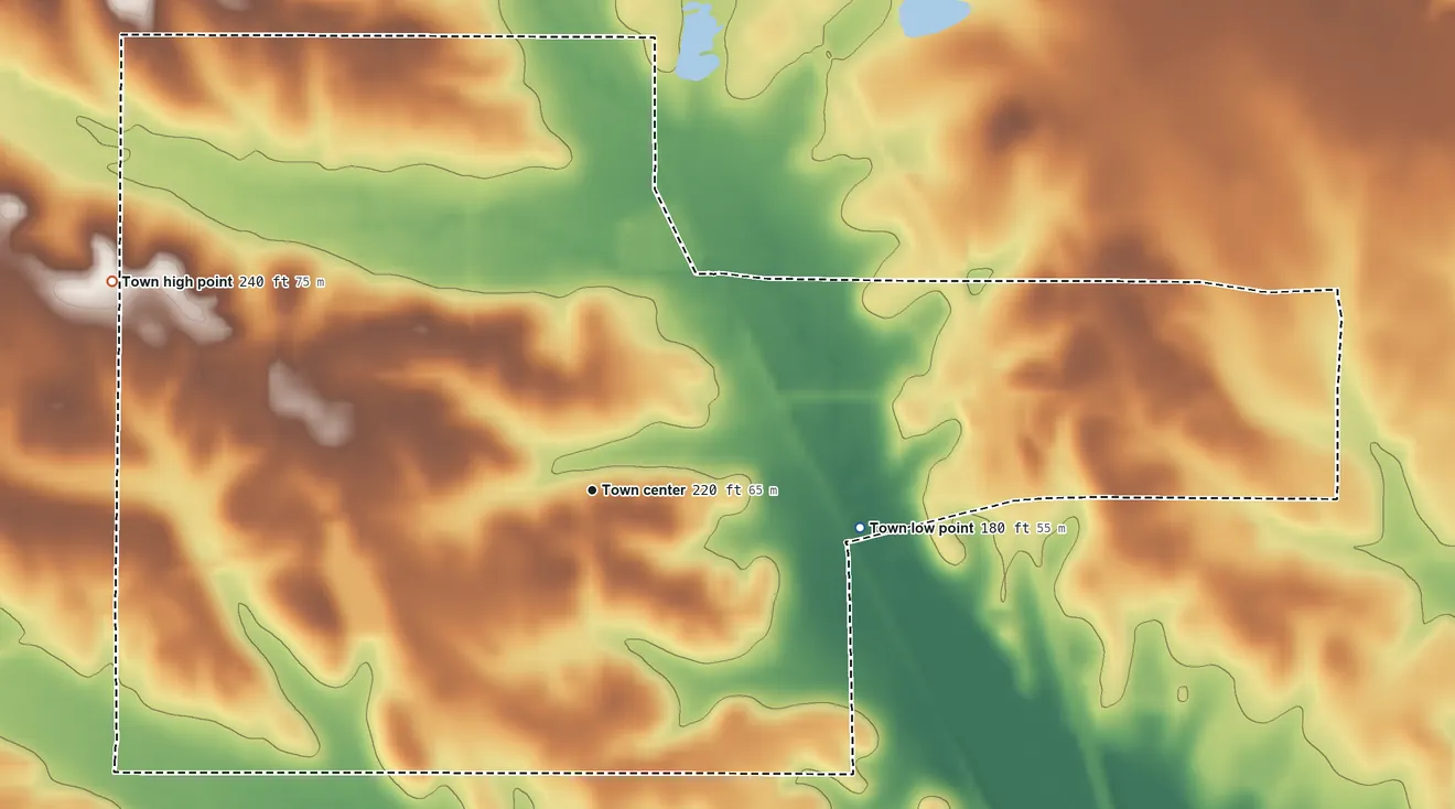 Topographic elevation map of Scooba, Mississippi, shaded from 180 ft on the east side to 240 ft on the northwest side
