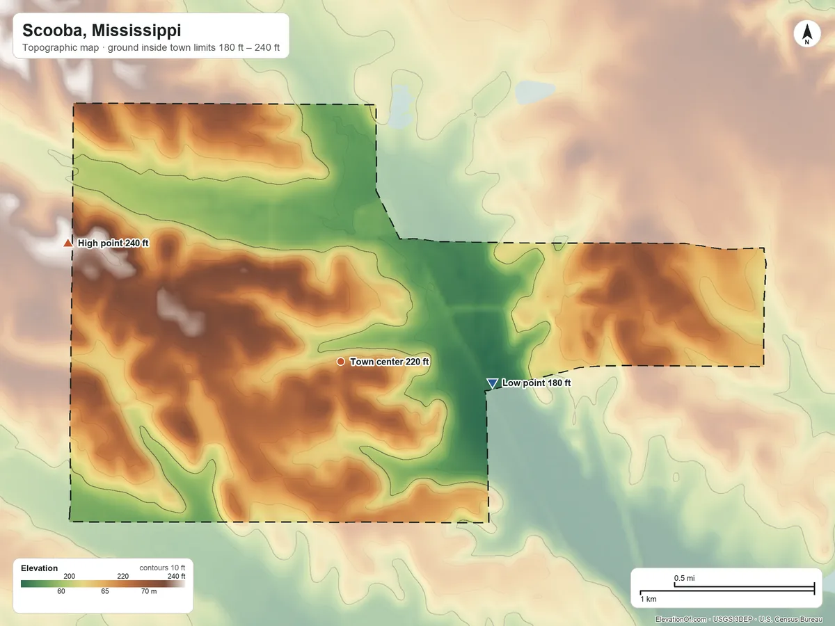 Topographic elevation map of Scooba, Mississippi, shaded from 180 ft on the east side to 240 ft on the northwest side