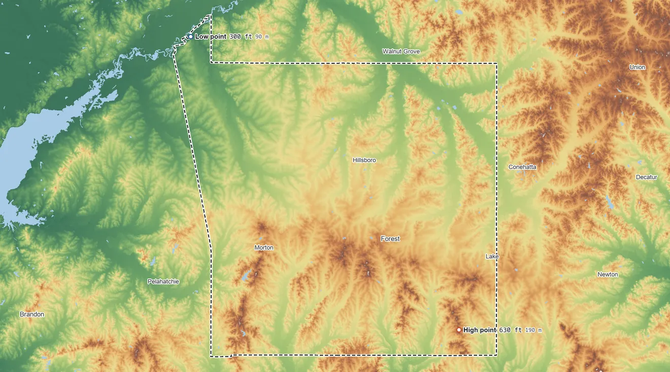 Topographic elevation map of Scott County, Mississippi, shaded from 300 ft on the northwest side to 630 ft on Walk Hill