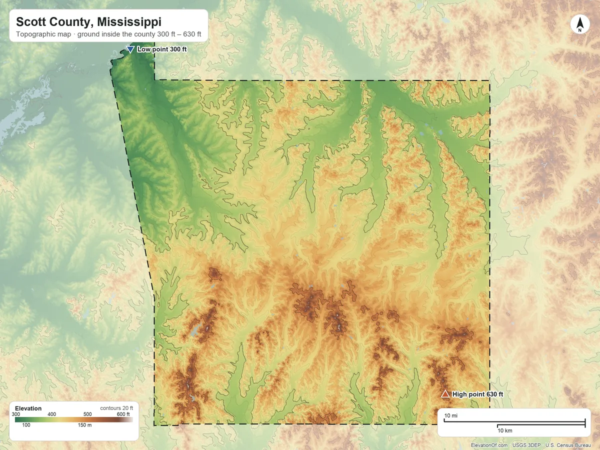 Topographic elevation map of Scott County, Mississippi, shaded from 300 ft on the northwest side to 630 ft on Walk Hill