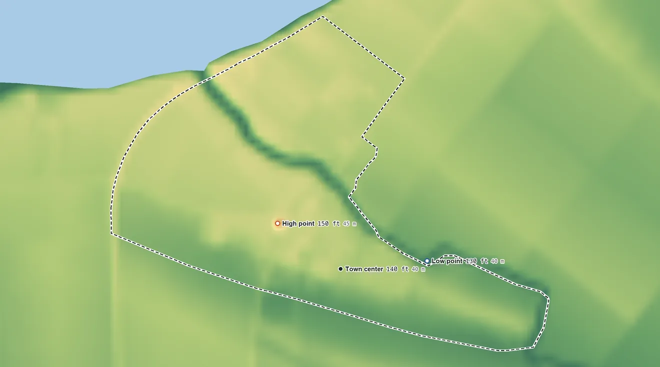 Topographic elevation map of Scott, Mississippi, shaded from 130 ft on the east side to 150 ft on the northwest side