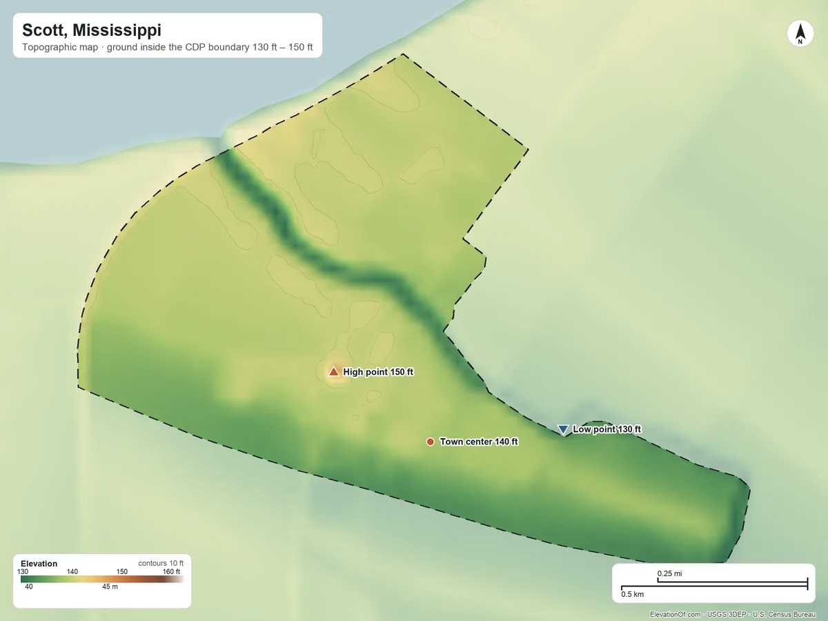 Topographic elevation map of Scott, Mississippi, shaded from 130 ft on the east side to 150 ft on the northwest side