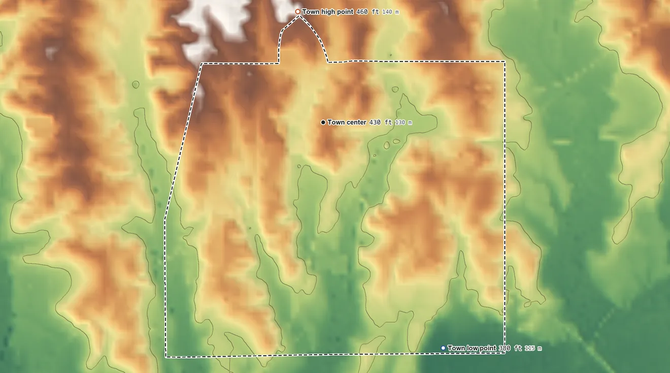 Topographic elevation map of Sebastopol, Mississippi, shaded from 380 ft on the southeast side to 460 ft on the north side