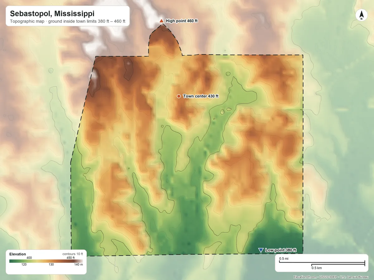 Topographic elevation map of Sebastopol, Mississippi, shaded from 380 ft on the southeast side to 460 ft on the north side