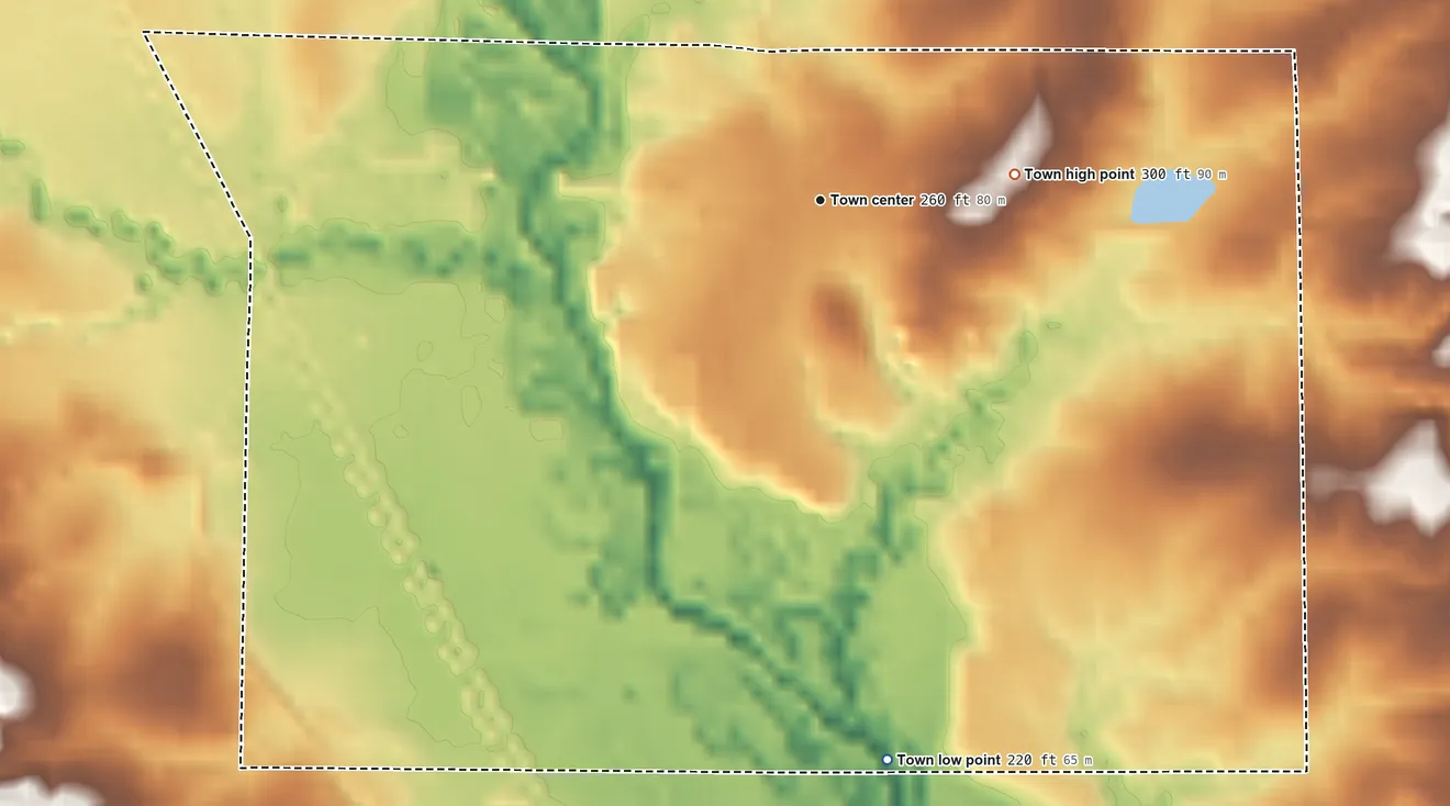 Topographic elevation map of Seminary, Mississippi, shaded from 220 ft on the south side to 300 ft on the east side