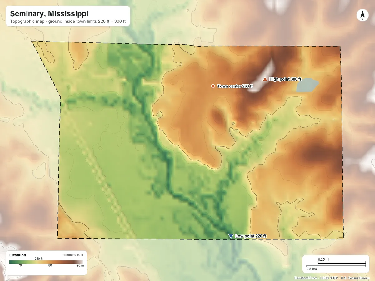Topographic elevation map of Seminary, Mississippi, shaded from 220 ft on the south side to 300 ft on the east side