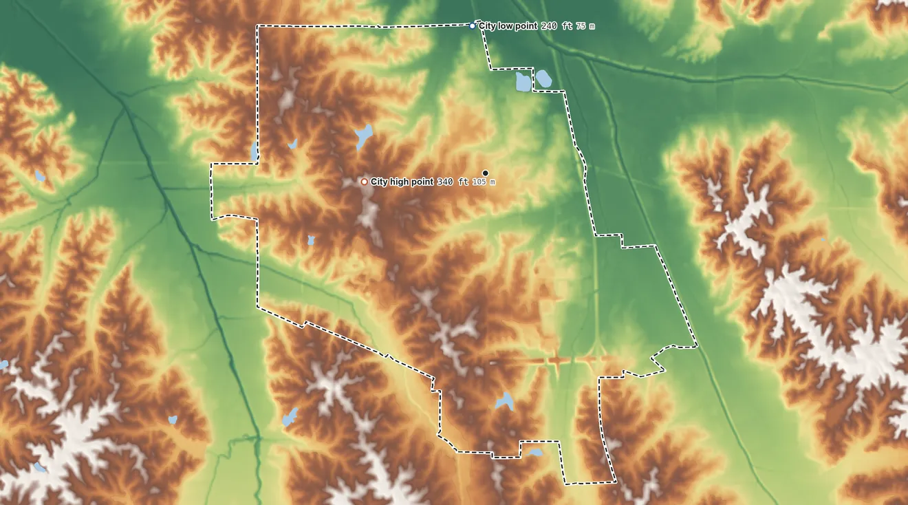 Topographic elevation map of Senatobia, Mississippi, shaded from 240 ft on the north side to 340 ft on the west side