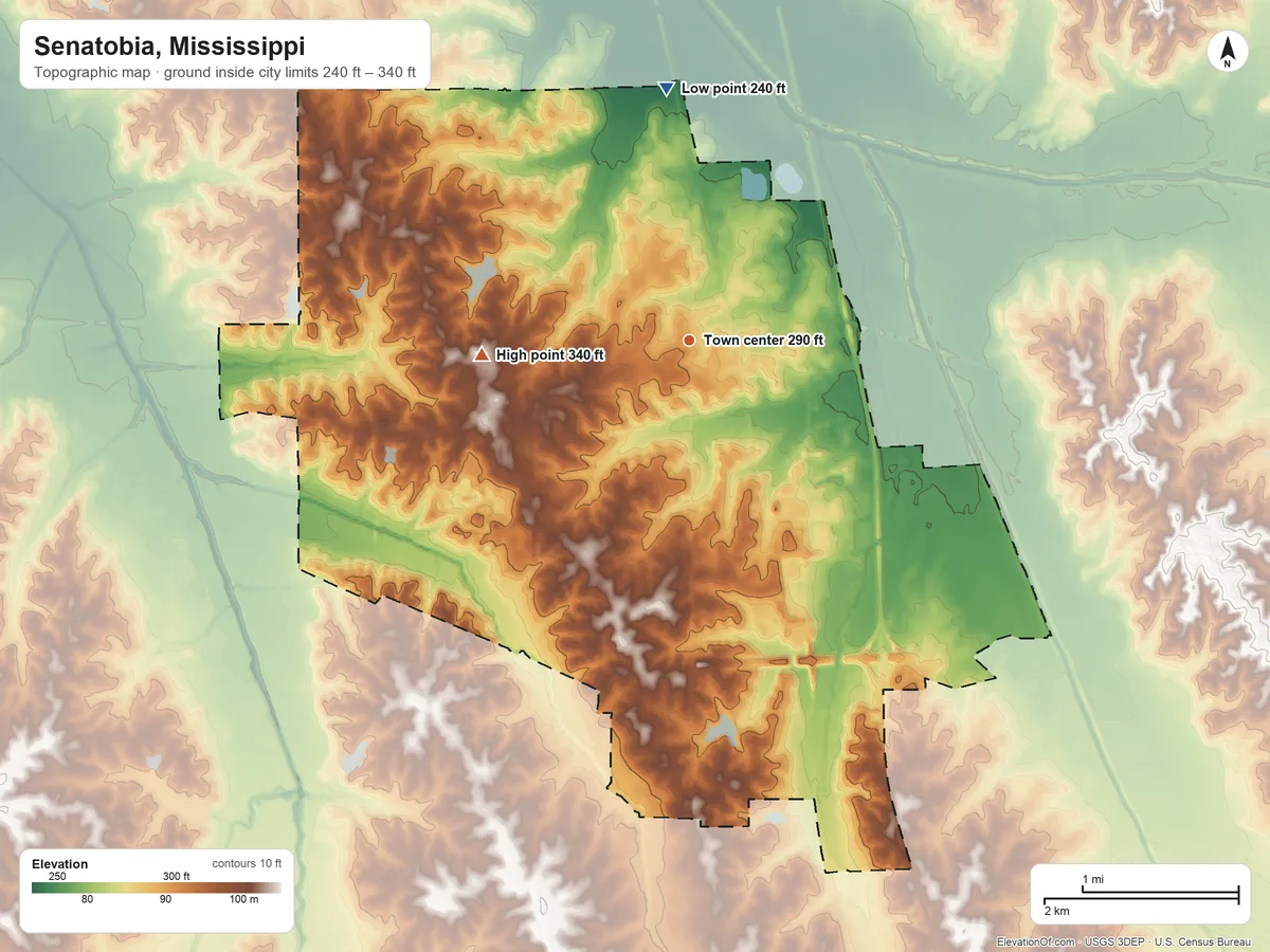 Topographic elevation map of Senatobia, Mississippi, shaded from 240 ft on the north side to 340 ft on the west side