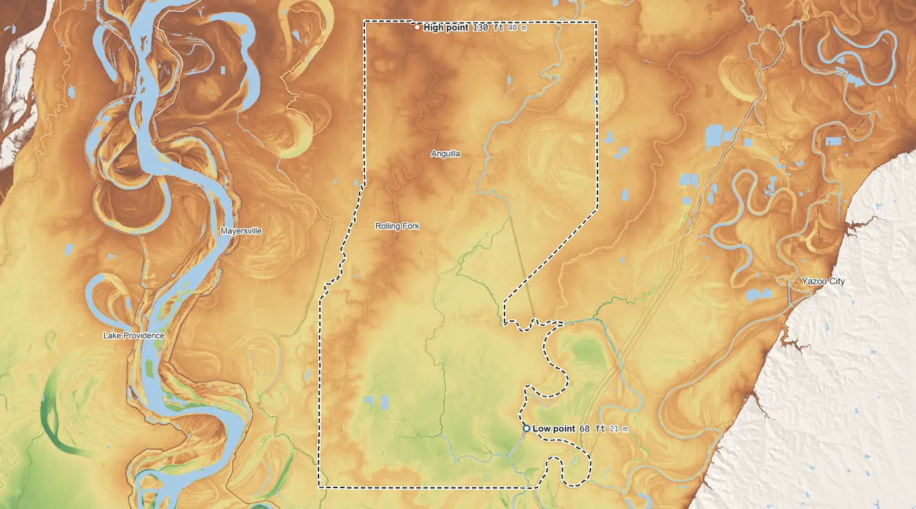 Topographic elevation map of Sharkey County, Mississippi, shaded from 68 ft on the south side to 130 ft on the north side