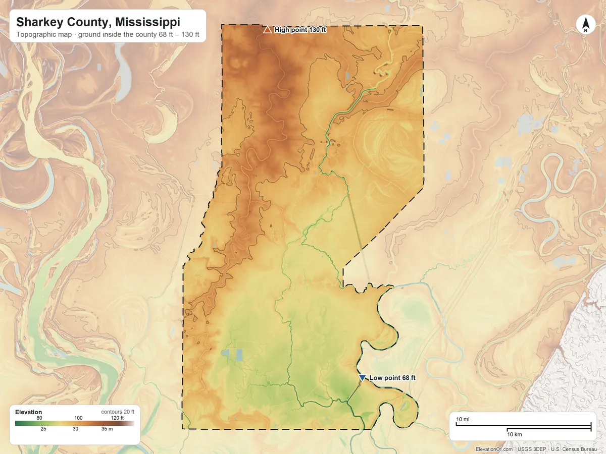 Topographic elevation map of Sharkey County, Mississippi, shaded from 68 ft on the south side to 130 ft on the north side