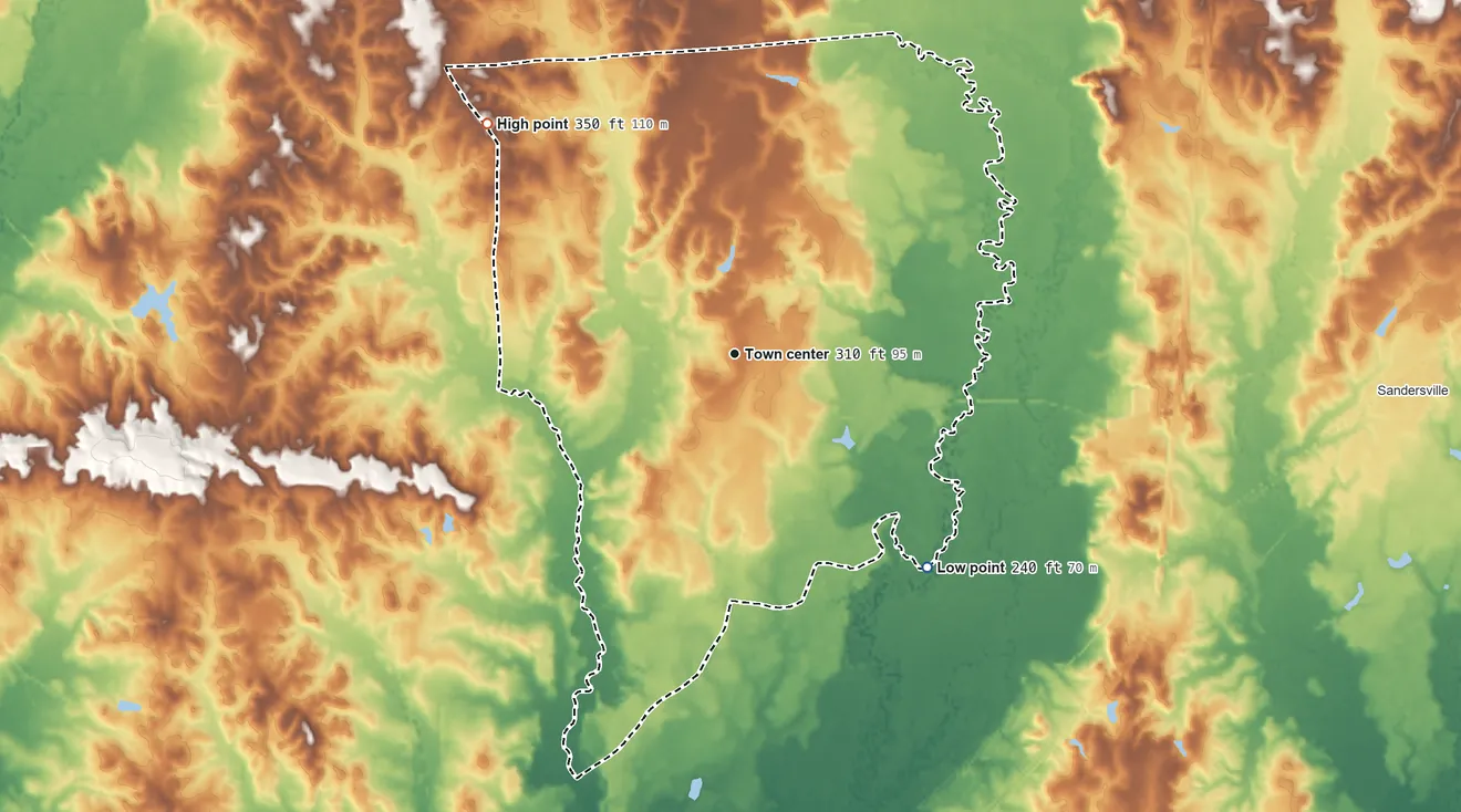 Topographic elevation map of Sharon, Mississippi, shaded from 240 ft on the southeast side to 350 ft on the northwest side