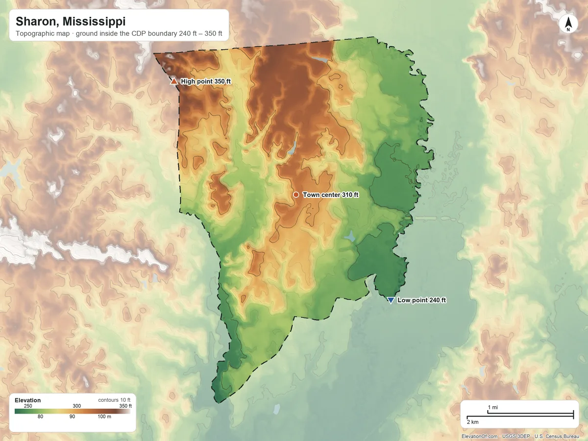Topographic elevation map of Sharon, Mississippi, shaded from 240 ft on the southeast side to 350 ft on the northwest side
