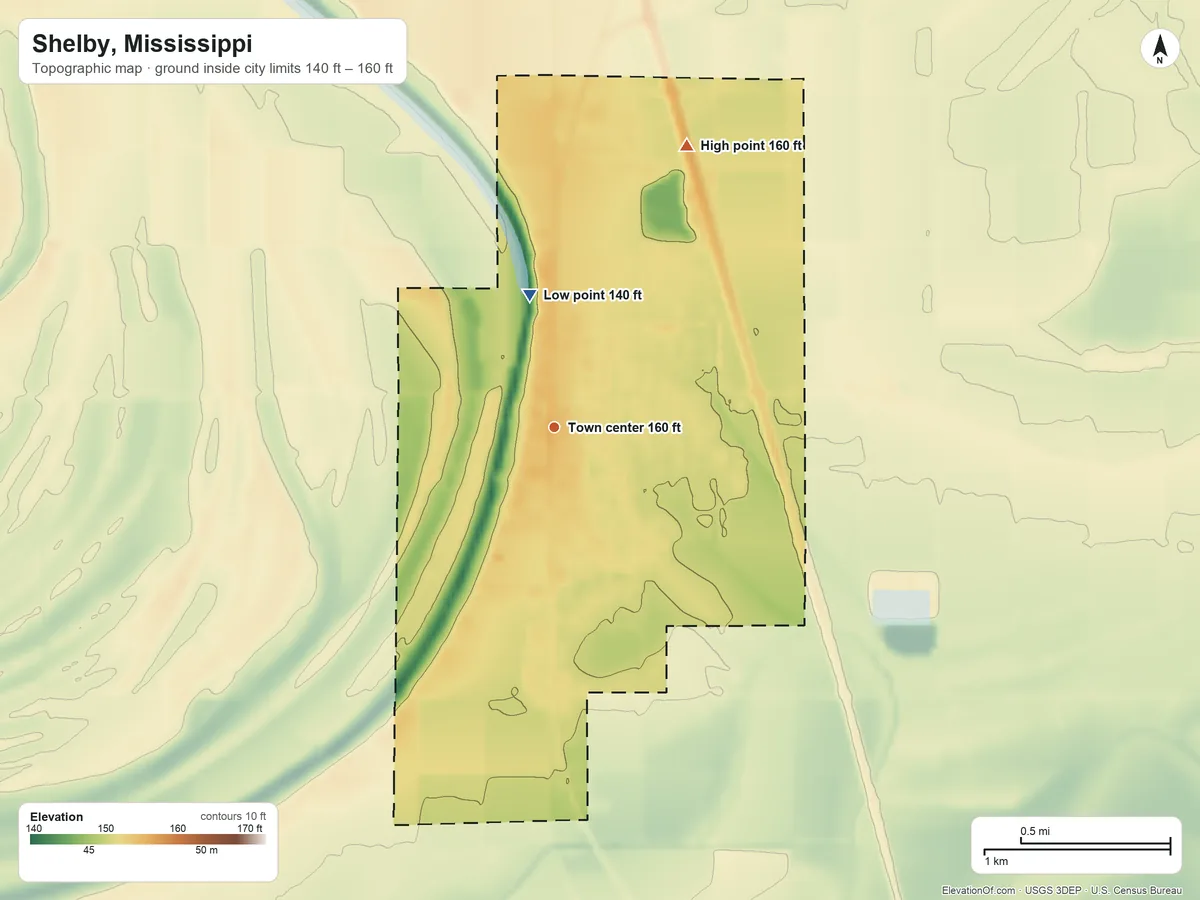 Topographic elevation map of Shelby, Mississippi, shaded from 140 ft on the north side to 160 ft on the northeast side