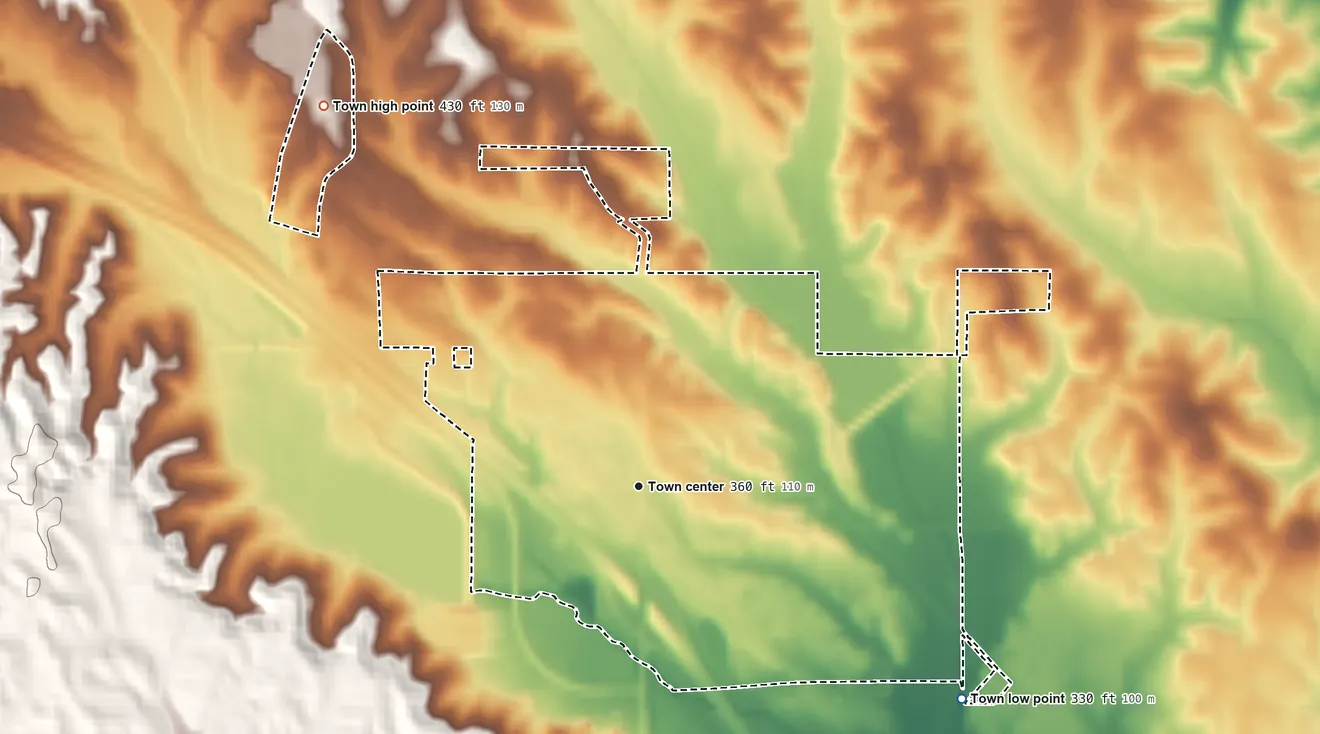 Topographic elevation map of Sherman, Mississippi, shaded from 330 ft on the southeast side to 430 ft on the northwest side