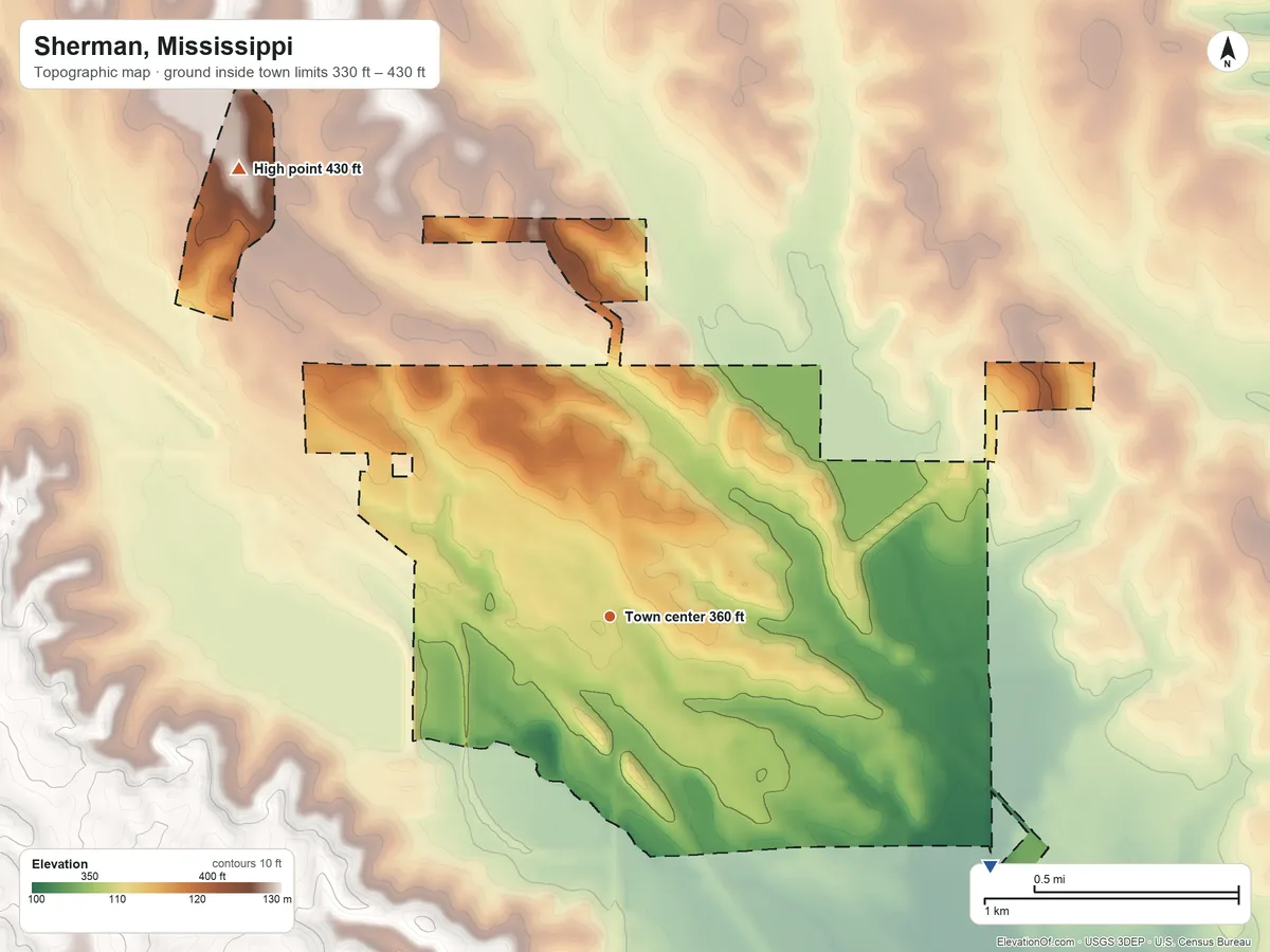 Topographic elevation map of Sherman, Mississippi, shaded from 330 ft on the southeast side to 430 ft on the northwest side