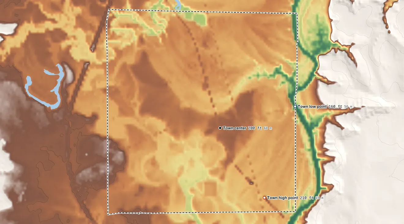 Topographic elevation map of Shubuta, Mississippi, shaded from 160 ft on the east side to 210 ft on the southeast side