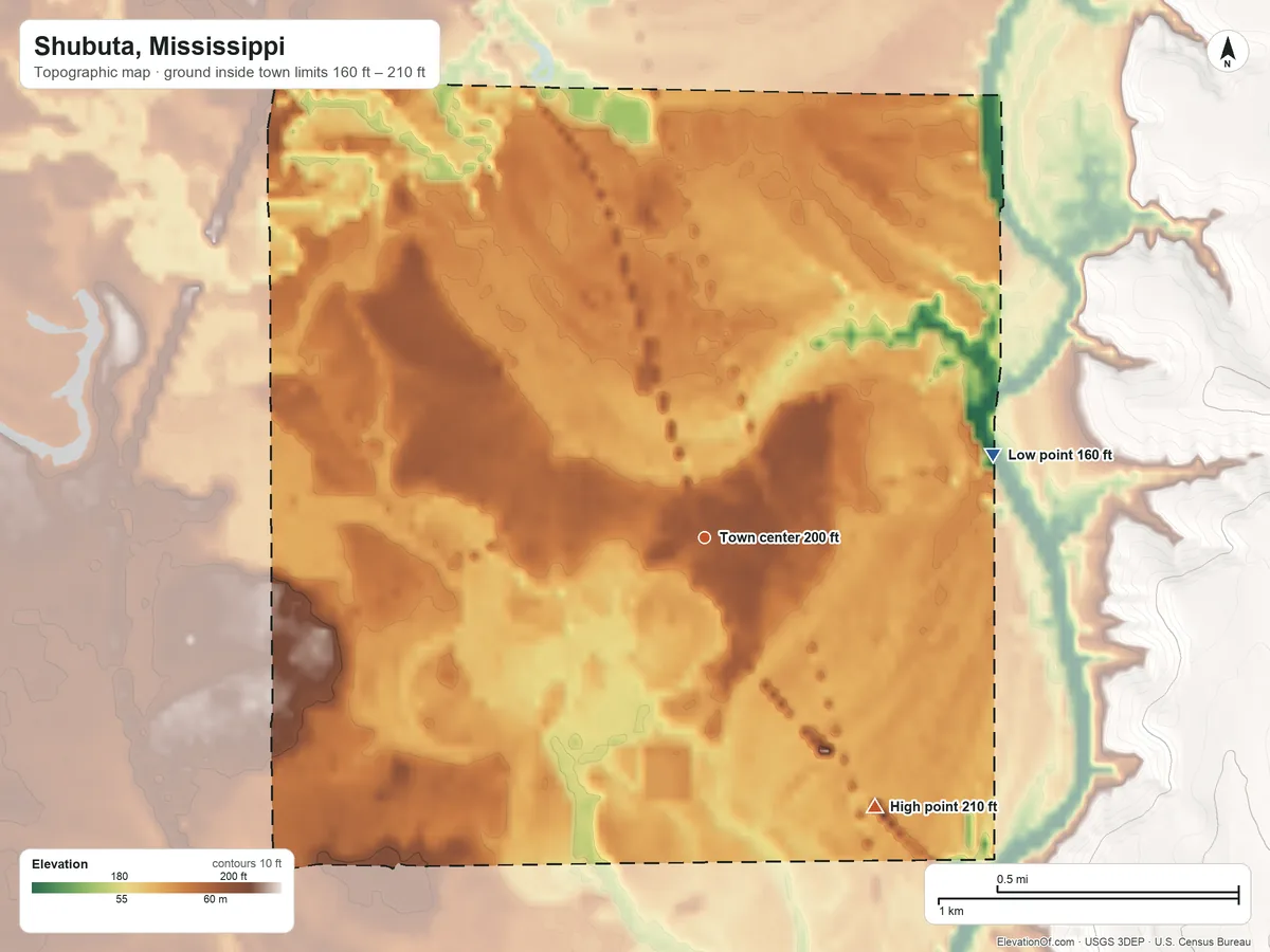 Topographic elevation map of Shubuta, Mississippi, shaded from 160 ft on the east side to 210 ft on the southeast side