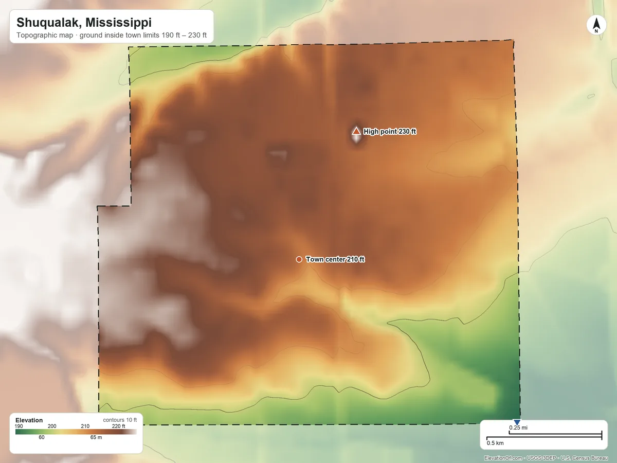Topographic elevation map of Shuqualak, Mississippi, shaded from 190 ft on the southeast side to 230 ft on the northeast side