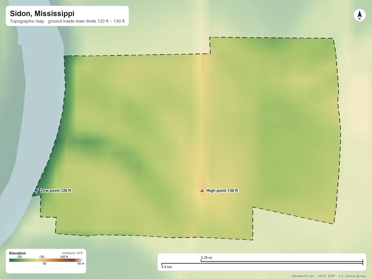 Topographic elevation map of Sidon, Mississippi, shaded from 120 ft on the west side to 130 ft near the middle